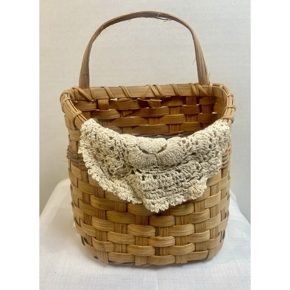 Vintage Wicker Wall Basket Hanging Pocket w Doily Cottagecore Decor Country 10”